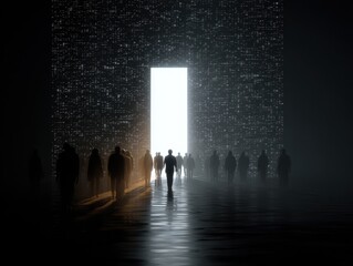 The future of work and digital transformation showing a crowd of people walking towards a bright light emanating from a digital portal in the dark.