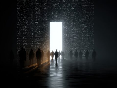 The future of work and digital transformation showing a crowd of people walking towards a bright light emanating from a digital portal in the dark.