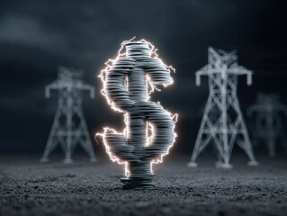 Obraz premium The energy crisis and rising electricity costs A dollar sign made of coins is struck by lightning with power lines in the background symbolizing inflation economic instability and the precarious.