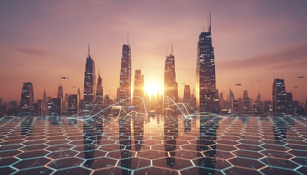 Futuristic cityscape, modern skyscrapers with glowing sunset, hexagonal grid and network connections, symbolizing innovation, technology, and urban development for business and finance.