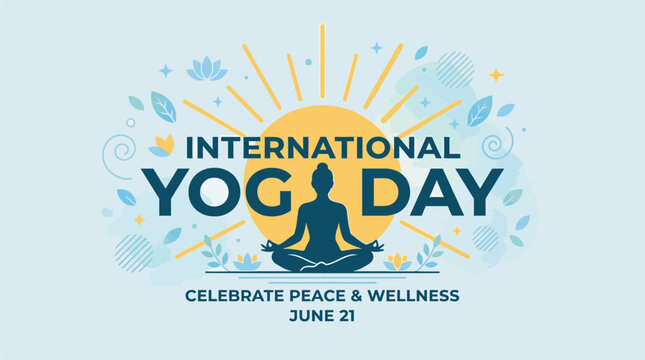 International yoga day illustration with silhouette and sunburst design