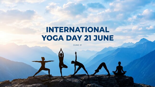 International yoga day celebration with silhouetted figures against a mountain backdrop