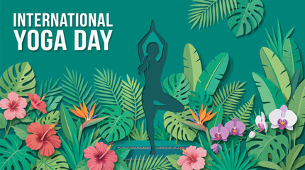 Obraz premium International yoga day illustration with tropical leaves and flowers