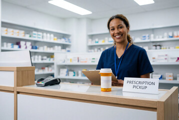 Fototapeta premium Smiling female pharmacist standing behind prescription pickup counter
