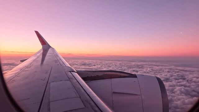 Airplane wing and engine flying over clouds at sunset, aerial view from window