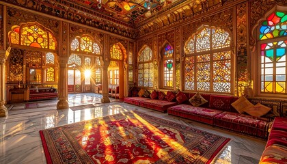 Obraz premium Rajasthan Royal Haveli Interior with Mirror Work at Golden Hour