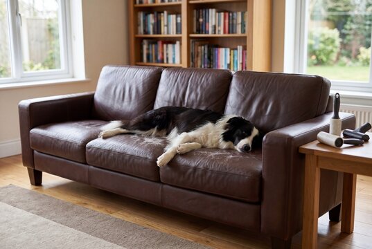 Border Collie Stretching on Leather Sofa with Pet Hair