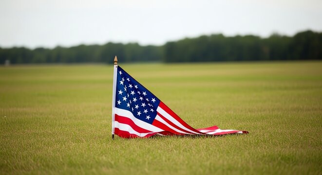 American Flag Lying on Green Grass Field, USA Patriotism Concept