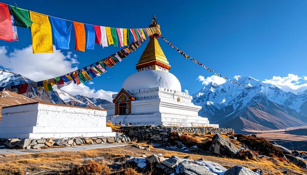 Tibetan Monastery Stupa with Prayer Flags at Golden Hour