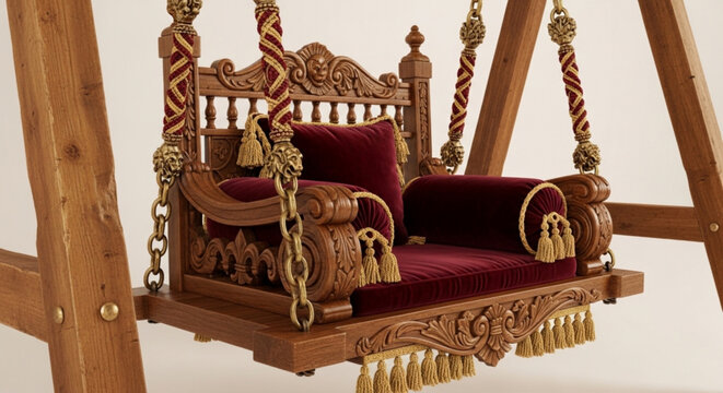 Traditional Ornate Hand-Carved Wooden Indian Jhula with Red Velvet Cushion