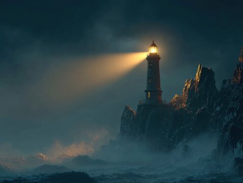 Guidance and navigation in uncertain times A lighthouse shines brightly through a stormy sea on a rocky coastline at night symbolizing hope resilience and overcoming challenges.