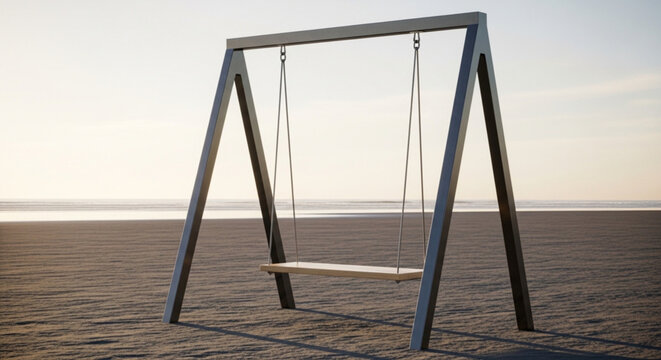 Empty Modern Swing Set on Desolate Sandy Beach at Sunrise