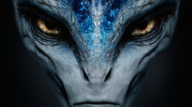 Intense Close-Up Portrait of Blue Starry Alien Being