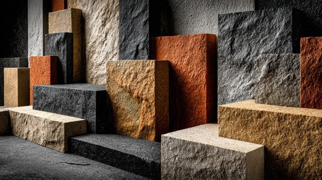 Assortment of Textured Stone Blocks in Various Colors and Sizes.