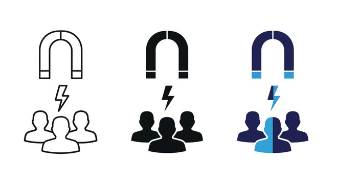 Concept of business magnet attracting new customers and engaged audience, illustrating lead generation and recruitment strategy icon set