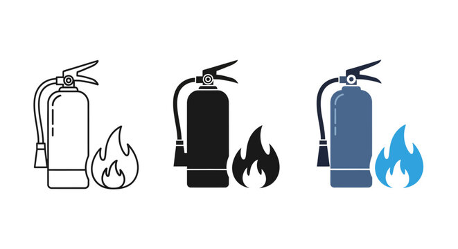 Collection of fire extinguisher icons with flames, in outline, solid black, and blue variations for safety and emergency use