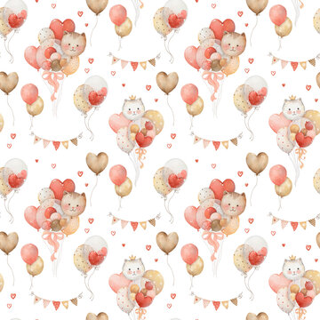 Watercolor seamless pattern with cute beautiful balloons, garland and hearts. Perfect for holiday wrapping paper, children's parties, celebrations, colorful background, greeting cards or textile. 