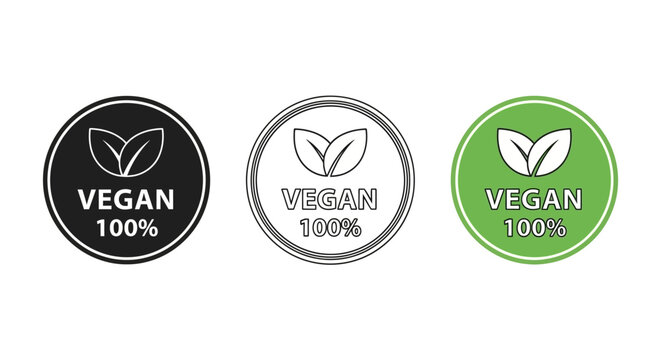 Vegan 100% badge set with leaf symbol, representing a commitment to plant-based products and ethical consumption