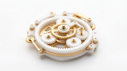 Fototapeta premium Miniature mechanical clockwork mechanism with white and brass gears, precision engineering concept