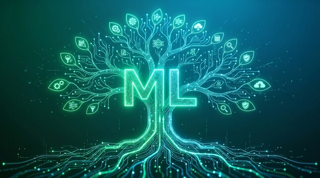 Glowing machine learning tree icon with digital circuit branches and data nodes in cyan light