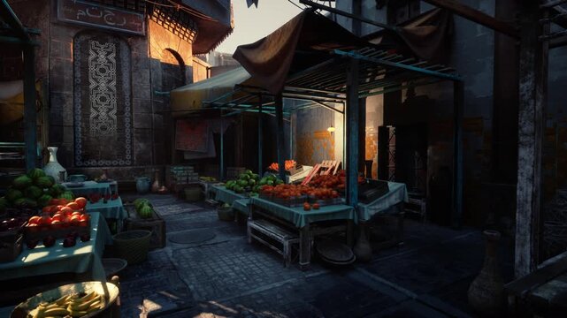 moody sunset market alley with produce, empty wooden stalls and crates of tomatoes and greens lining narrow cobbled lane, textured brick facades, warm golden