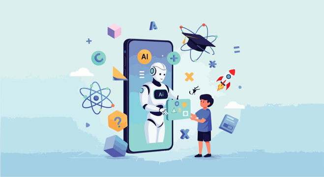 Flat vector illustration of an AI robot on a smartphone helping students with homework. Artificial intelligence robots summarize intelligent solutions. Educational Technology.