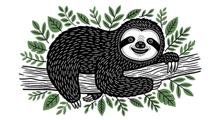 Obraz premium Smiling sloth hanging on tree branch, surrounded by leaves, cute animal illustration