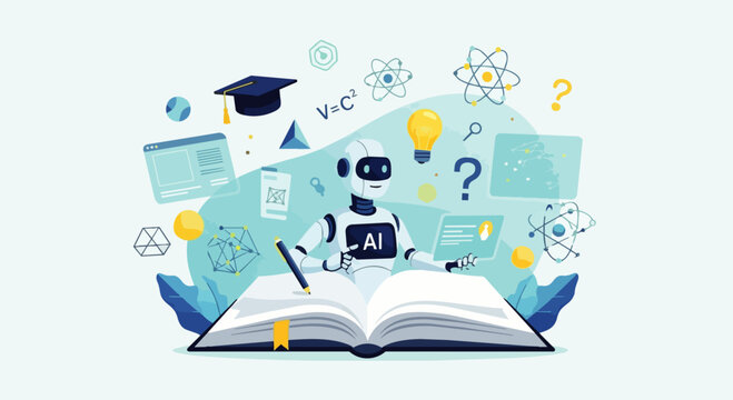 Flat vector illustration of an AI robot reading and analyzing a book. Artificial Intelligence as an intelligent assistant for students to summarize and conclude textbooks. Learning with AI.