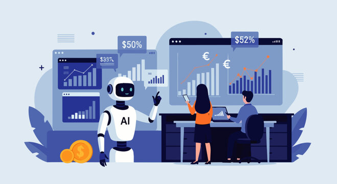 Flat vector illustration depicting professionals analyzing financial reports assisted by AI Robots. Artificial intelligence innovation technology to define intelligent solutions.