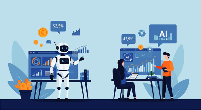 Flat vector illustration depicting professionals analyzing financial reports assisted by AI Robots. Artificial intelligence innovation technology to define intelligent solutions.