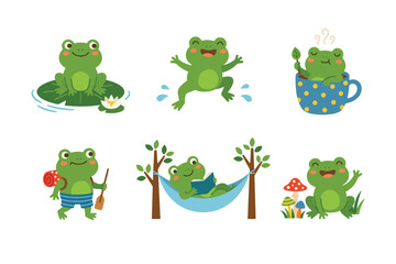 Fototapeta premium Cute frog element set camping and swimming cartoon illustration collection