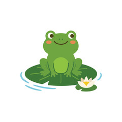 Fototapeta premium Cute green frog sitting on a lily pad in the pond cartoon illustration
