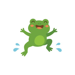 Obraz premium Happy green frog jumping and splashing water cartoon illustration