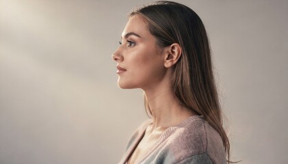 Fototapeta premium Softly lit studio portrait of a young woman in a muted pastel cardigan her profile in focus with a blurred backdrop perfect for themes of tranquility and personal wellness