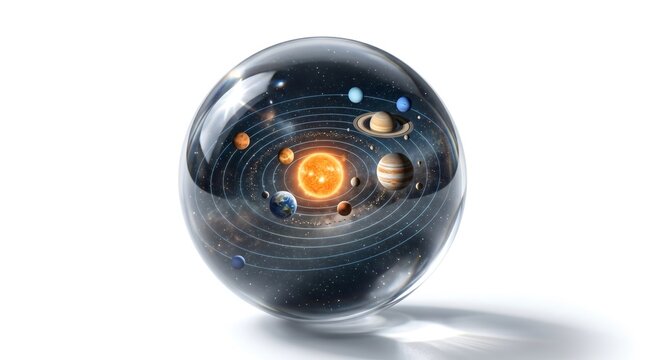 Conceptual 3D illustration of the solar system with planets and sun enclosed inside a clear glass sphere on a white background