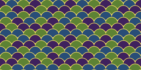 Vibrant, seamless fish scale pattern in green, purple, and blue.  Ideal for textile design, website backgrounds, or any project needing an Art Deco or natureinspired aesthetic. © Olena