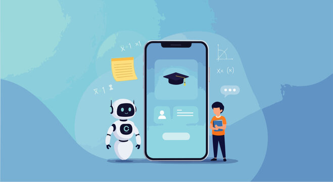Flat vector illustration of an AI robot helping students with homework. Artificial intelligence (AI) robots generate information and summarize knowledge to solve tasks with intelligent solutions.