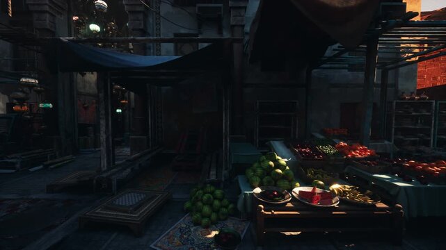 dim market alley at dusk, empty vendor stalls display glistening fruit and vegetables on wet cobblestone, warm lantern and neon glow cast deep shadows,