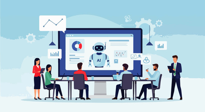 Flat vector illustration of various people in a meeting using an AI robot on a computer as a powerful search engine for intelligent data analysis. Artificial intelligence innovation technology.