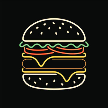 Neon glowing double cheeseburger vector icon on dark background