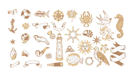 Golden sea creatures and nautical icons on white background, summer concept © Football