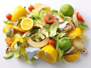 Colorful food waste pile with various fruits and vegetables.
