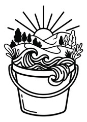 Obraz premium Line art illustration of a bucket depicting ocean waves landscape with sun trees and nature scenery for travel and adventure design
