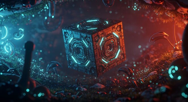 A mysterious cube with glowing blue and orange geometric patterns hovers in an otherworldly, bioluminescent forest environment. Strange alien flora surrounds the artifact.