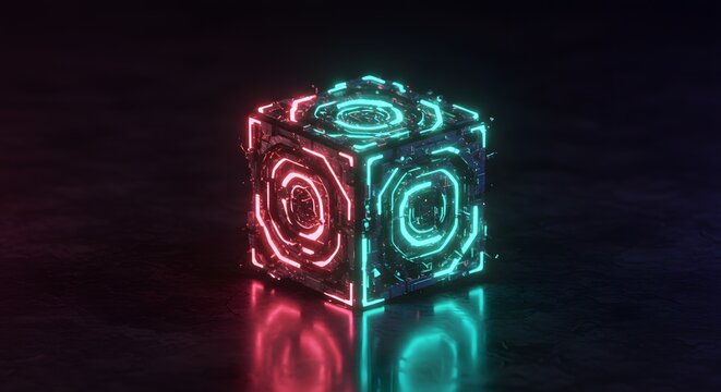 A glowing cube with swirling neon lights in red and cyan, casting a reflection on a dark, polished surface. The abstract object emits a futuristic and mysterious aura.