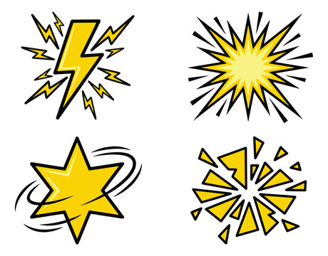 Cartoon icon set of 4 comic energy effects featuring lightning bolt, starburst explosion, spinning star and shatter burst for action design