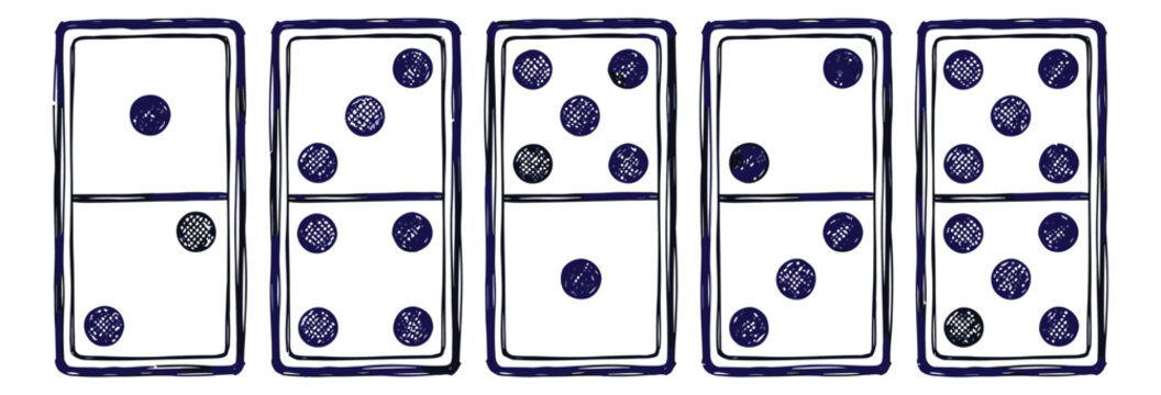 Sketch icon set of 5 domino tiles featuring hand drawn pip patterns for game and education design