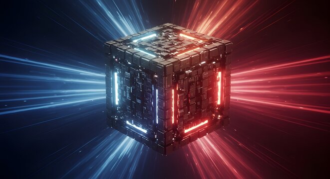 A futuristic cube emitting red and blue light beams. The cube has a metallic, textured surface with intricate patterns, suggesting advanced technology or a mysterious artifact