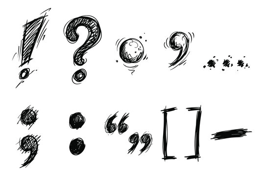 Sketch icon set of 11 punctuation marks featuring exclamation point, question mark, comma, semicolon, quotation marks, brackets and dash for typography design