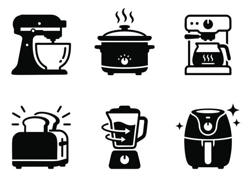 Solid silhouette icon set of 6 kitchen appliances featuring mixer, slow cooker, coffee maker, toaster, blender and air fryer for culinary design
